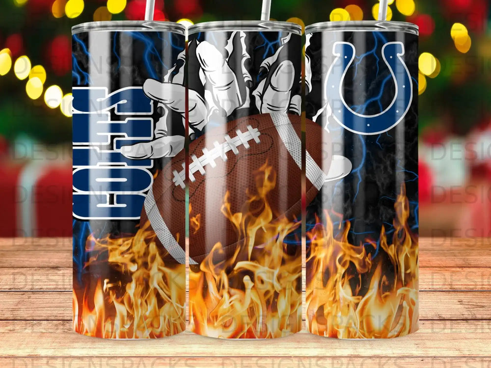Indianapolis Colts football with lightning and flames on a tumbler.