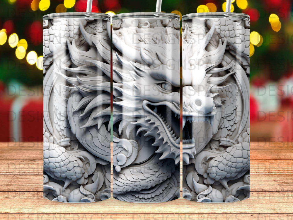 White dragon relief on a tumbler with bokeh background.