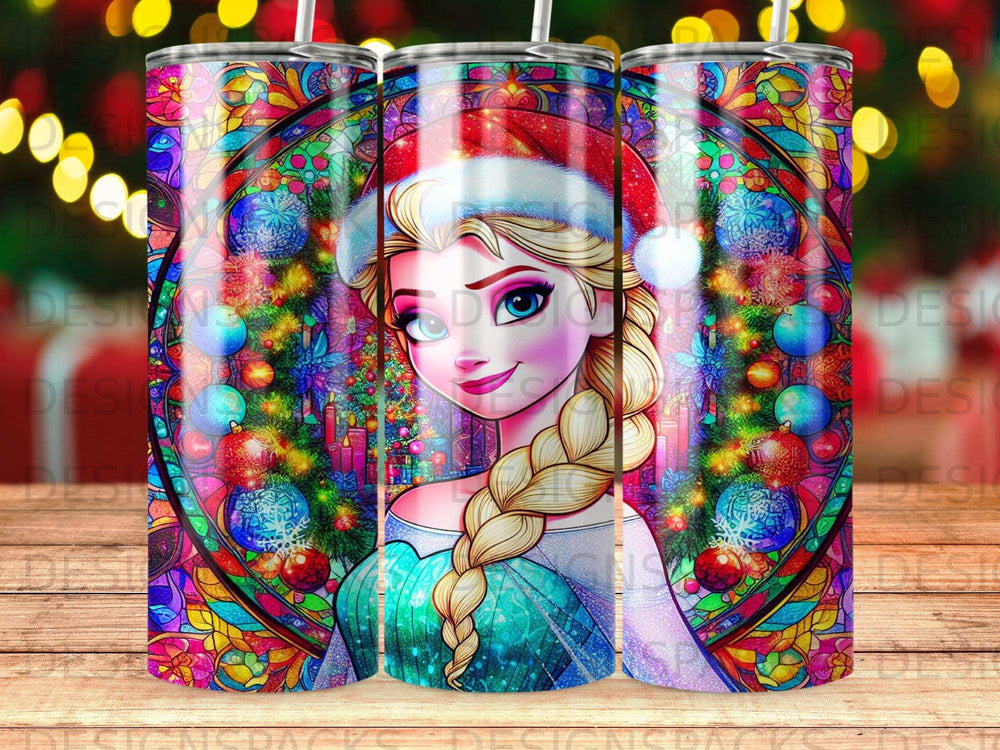 Elsa from Frozen in festive stained-glass style with Christmas lights.