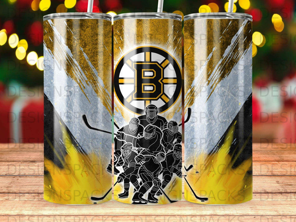 Boston Bruins hockey team logo and players on a tumbler.