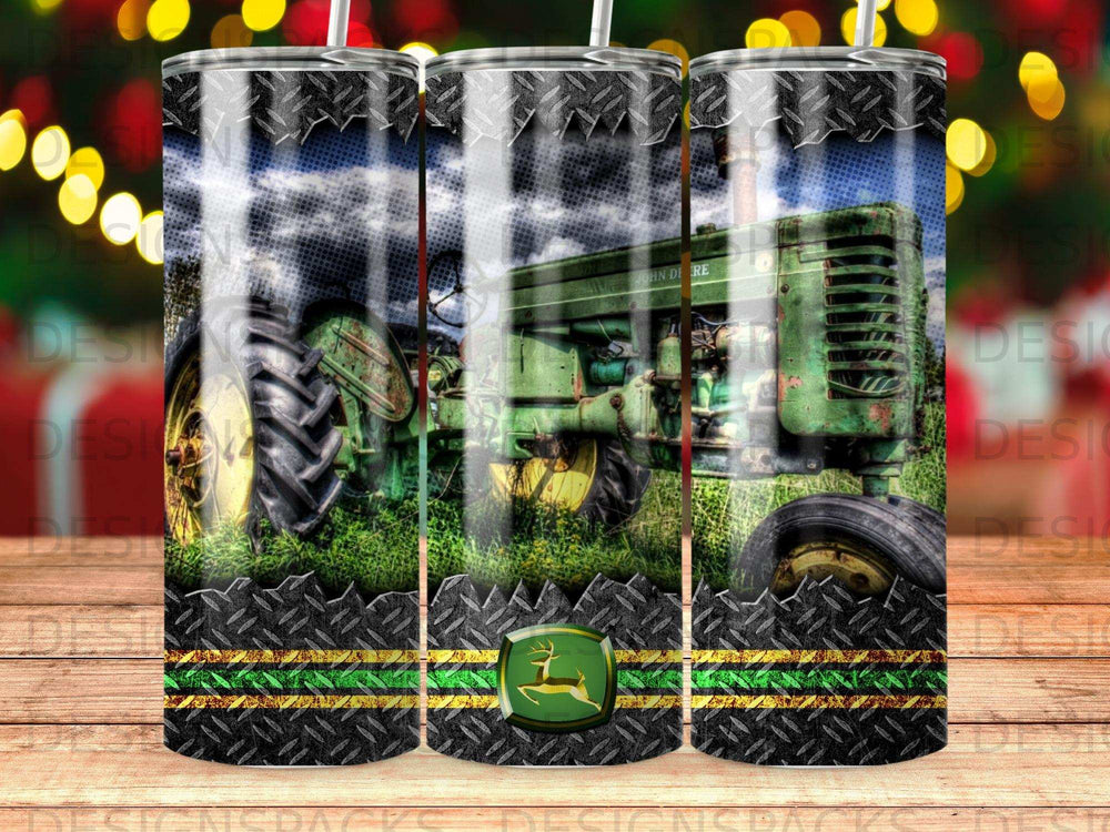 Green John Deere tractor with diamond plate and striped design.