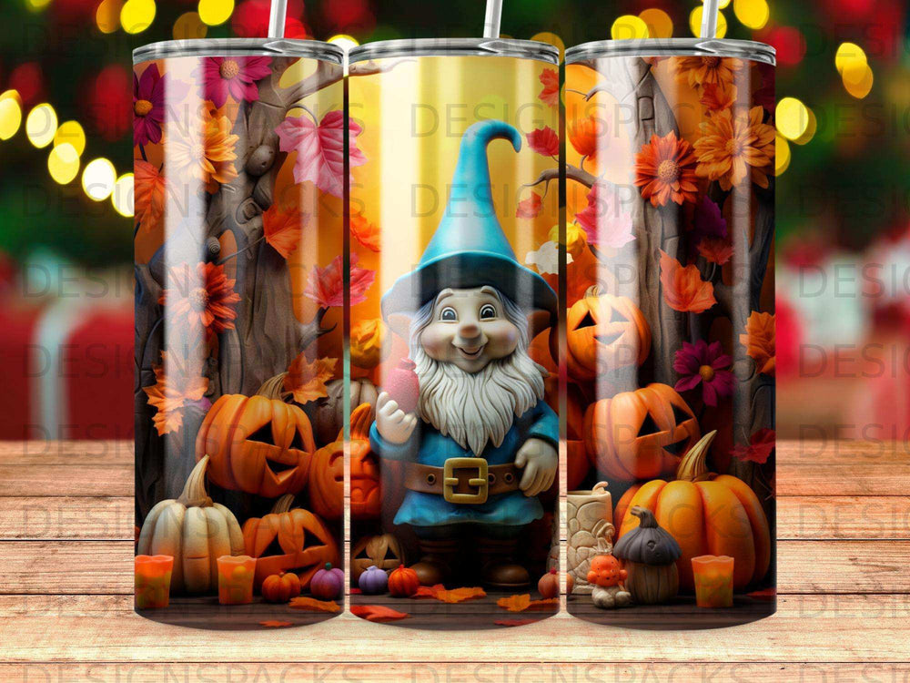 Gnome with pumpkins, candles, and autumn leaves on a tumbler.
