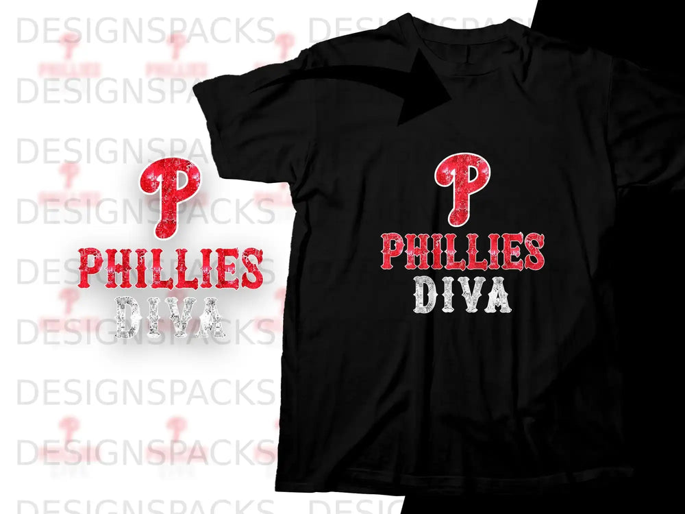 Black t-shirt with red and white "Phillies Diva" text and a P logo.
