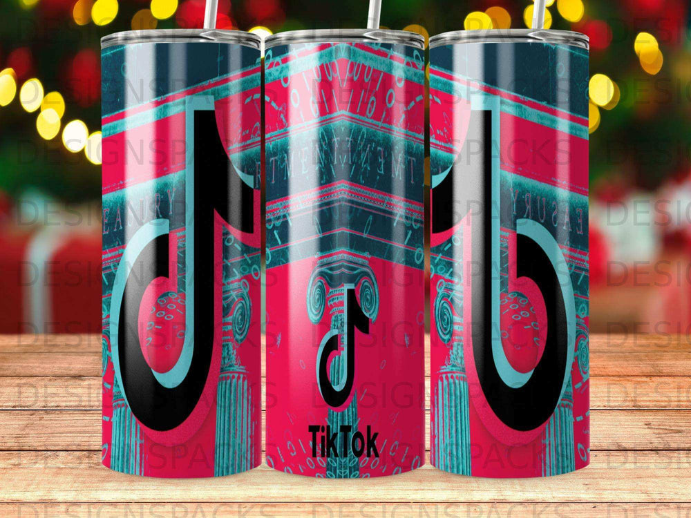 TikTok logo on a blue and pink cylindrical tumbler with a pattern.
