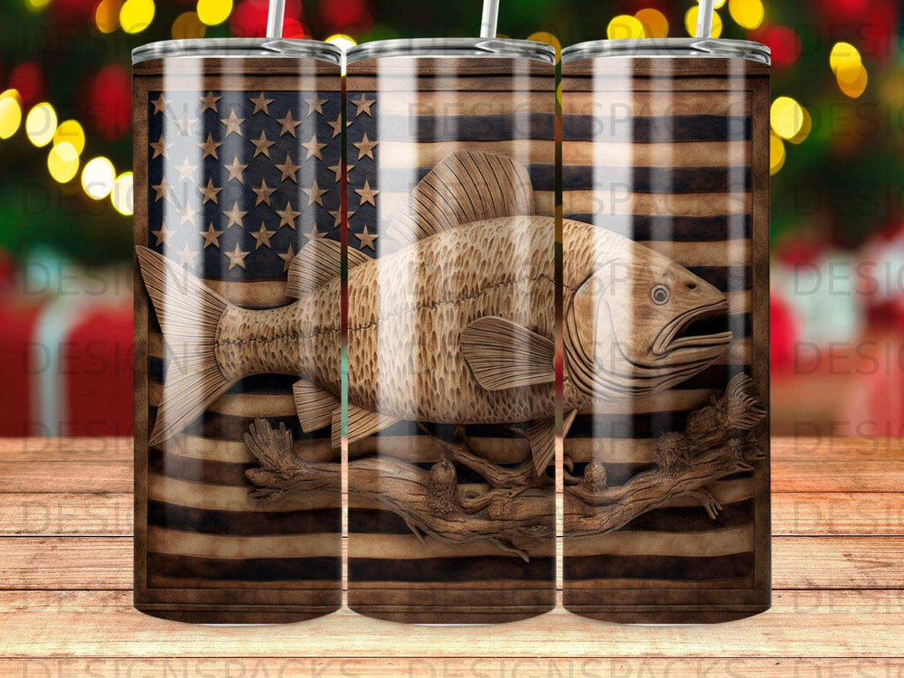Wood-carved fish on a rustic American flag tumbler.