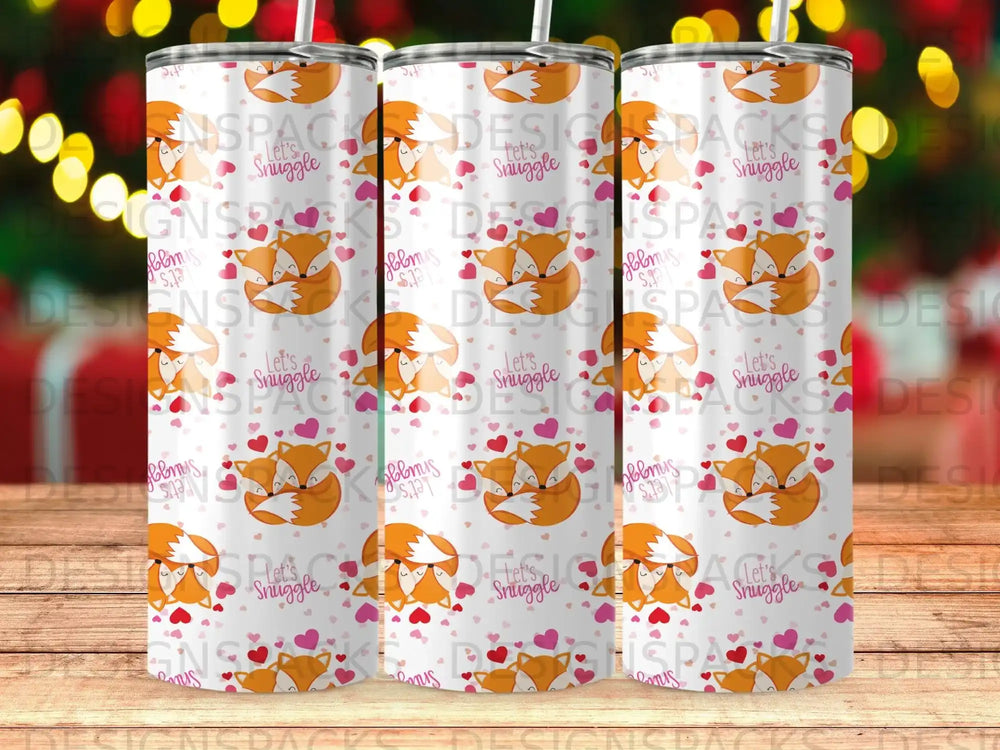 Pattern of foxes holding hearts with "Let's Snuggle" text on tumblers.