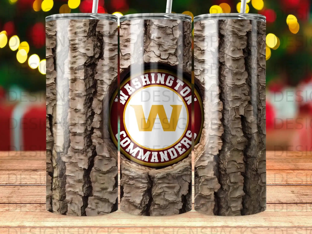 Washington Commanders logo on a wood grain tumbler.