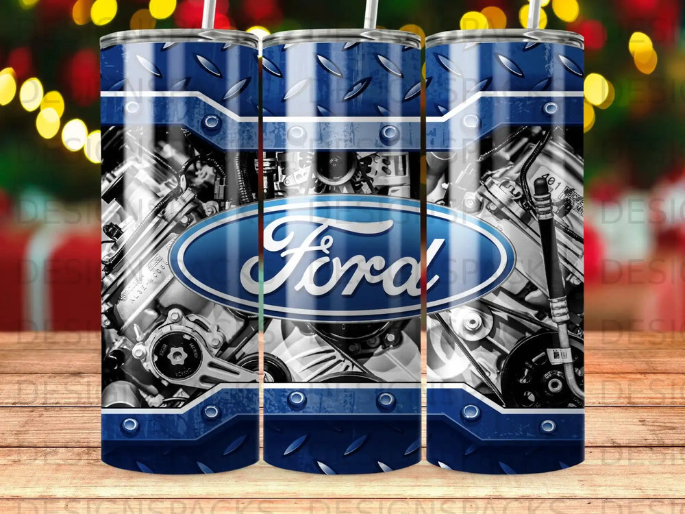 Ford logo on a blue metallic background with a detailed engine.