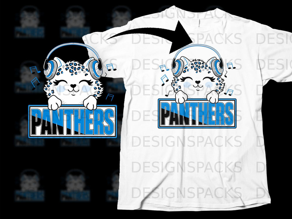 Panther mascot wearing headphones, holding a "Panthers" sign.