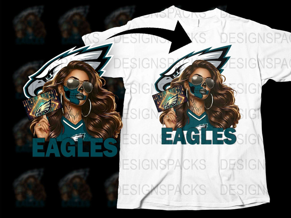 Cool Eagles Graphic T-Shirt, Stylish Woman with Sunglasses, Casual Sporty Tee, Trendy Fashion Top, Unique Urban Clothing
