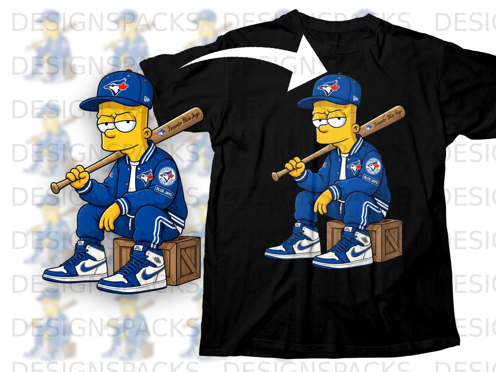 Bart Simpson wearing Toronto Blue Jays apparel, holding a baseball bat.