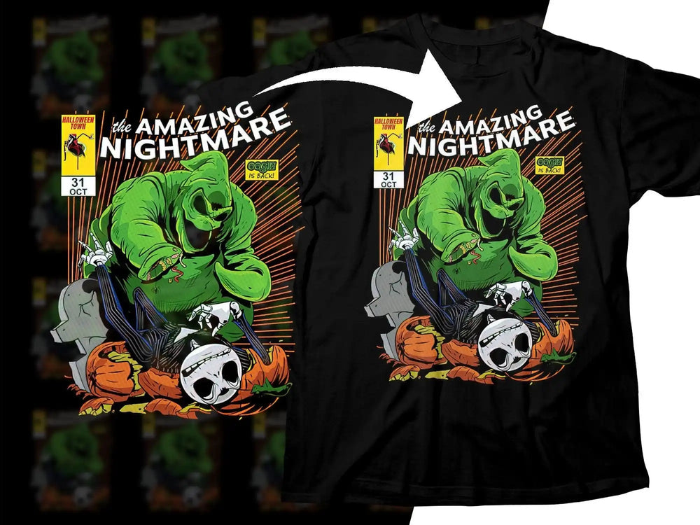 Halloween-themed t-shirt with green monster, skull, and pumpkins, 'The Amazing Nightmare' design