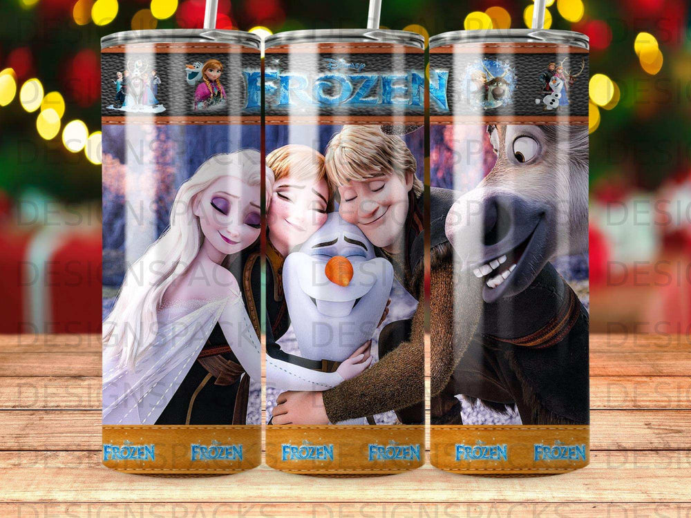 Frozen characters Elsa, Anna, and Kristoff on tumblers.