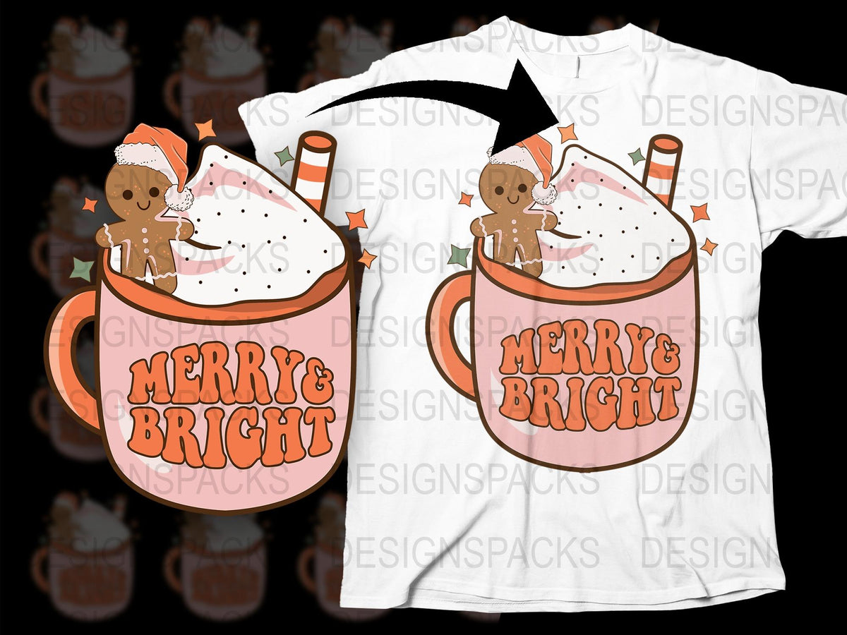 Merry and Bright Gingerbread Man Hot Cocoa Mug Christmas T-Shirt, Festive Holiday Graphic Tee