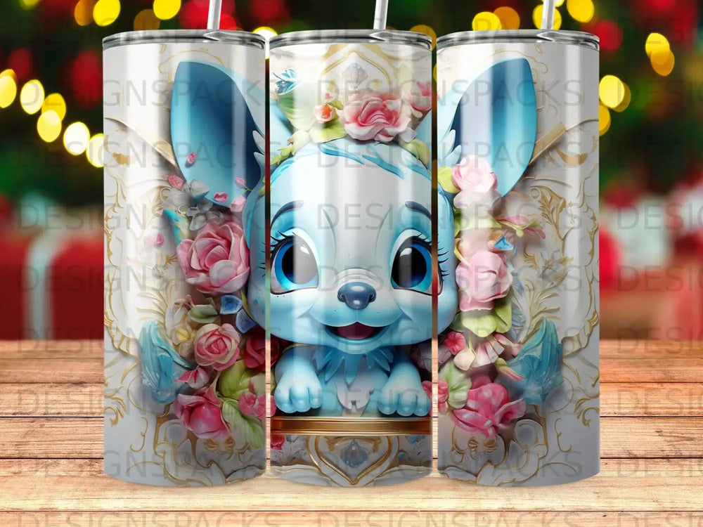 Blue creature with butterfly wings and pink flowers on a gilded pedestal.