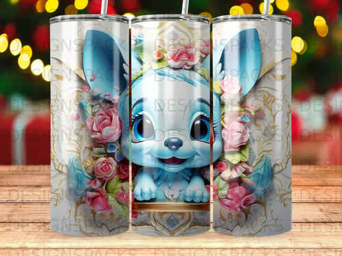 Blue creature with butterfly wings and pink flowers on a gilded pedestal.