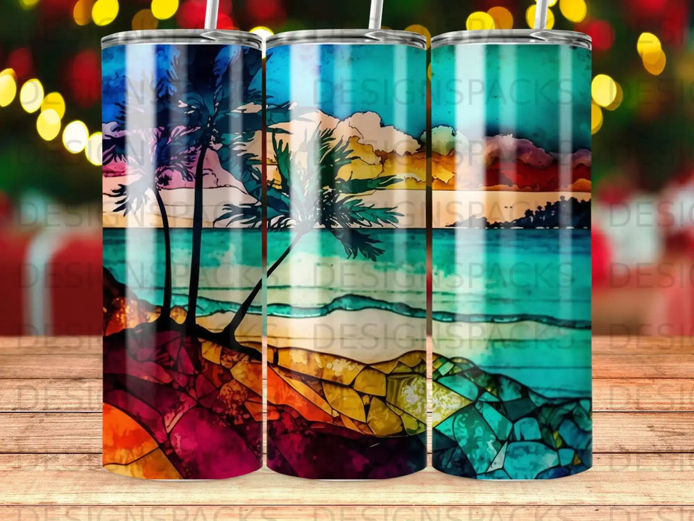 Three tumblers with a stained-glass tropical sunset design.
