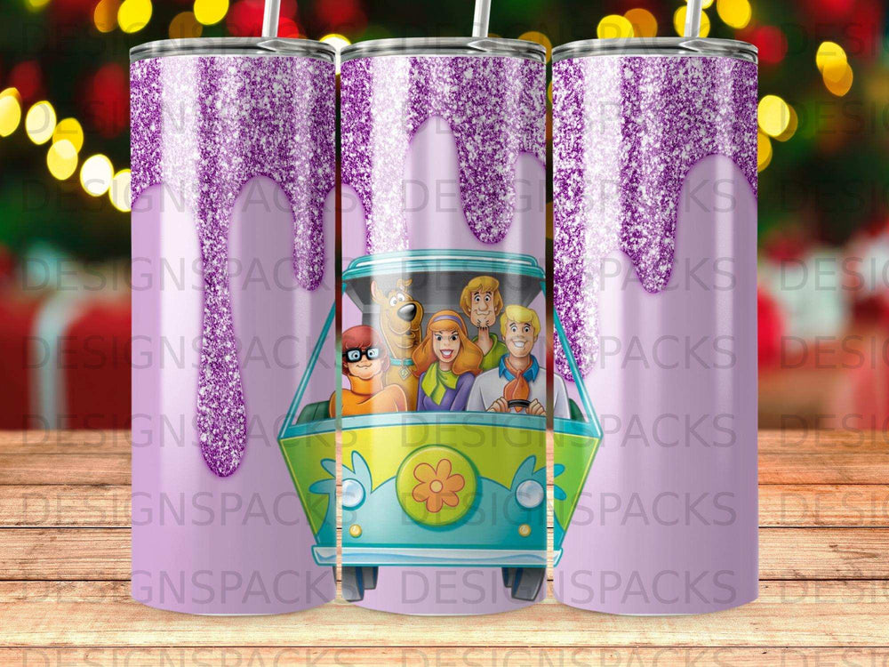 Scooby-Doo and friends in a colorful, glittery van.