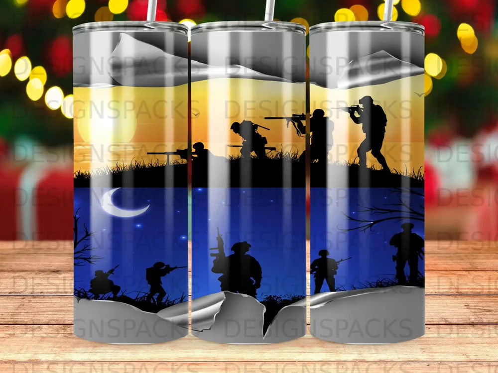 Silhouettes of soldiers against a fading sky on a skinny tumbler.