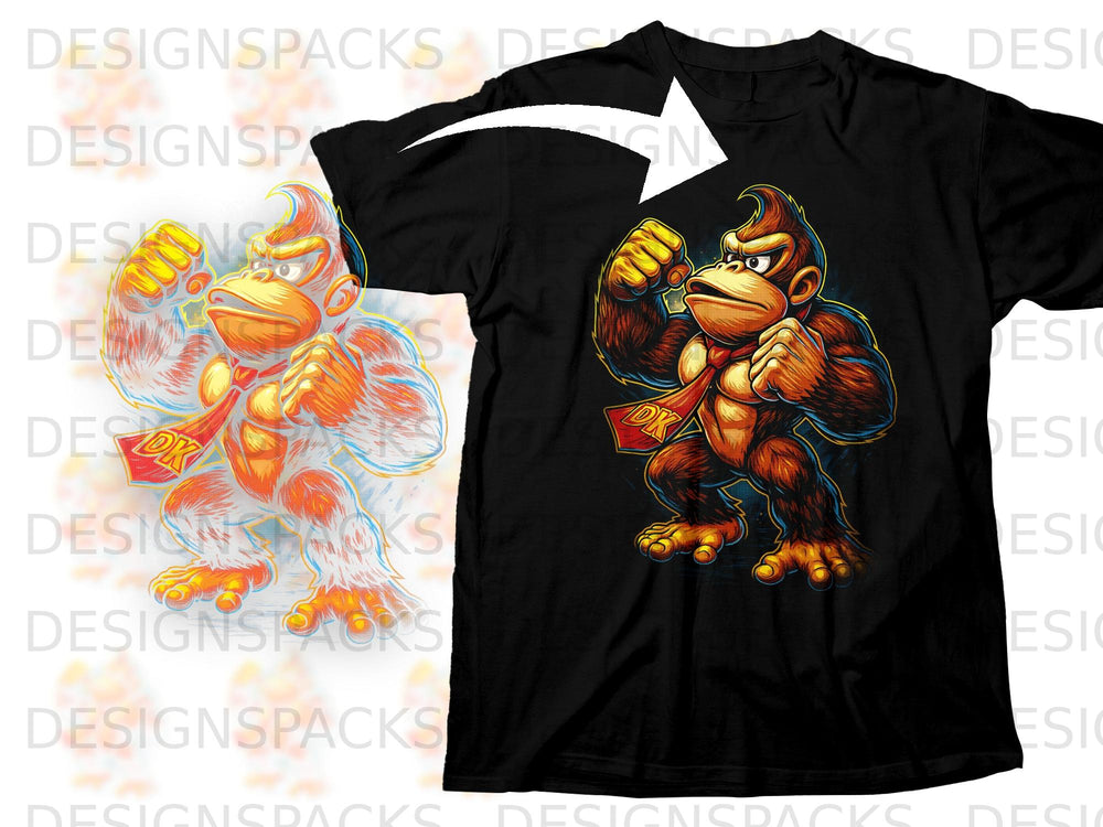 Donkey Kong character with red tie on black t-shirt.
