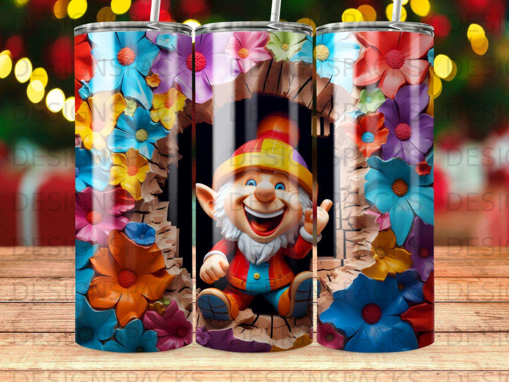 Happy gnome with colorful flowers emerging from a stone archway.