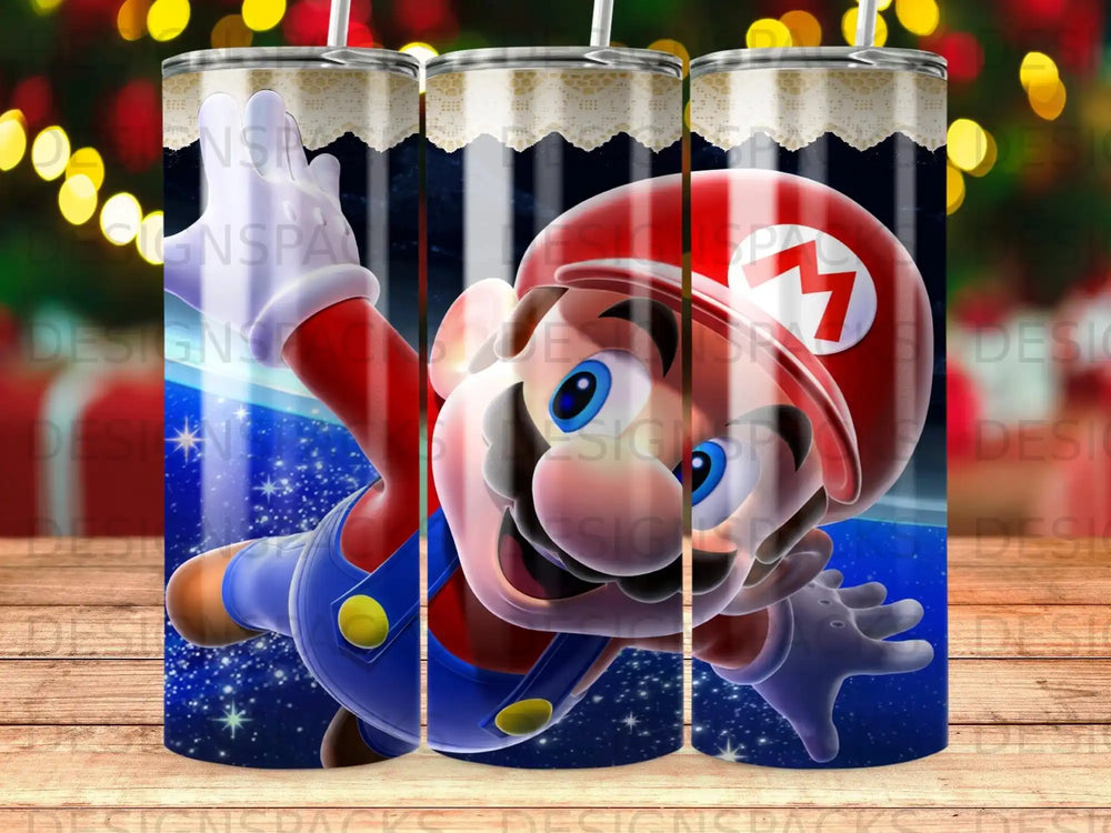 Mario jumping in space, surrounded by stars and lights.