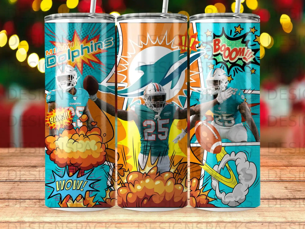 Miami Dolphins mascot with football, "WOW!" and "BOOM!" comic book graphics.