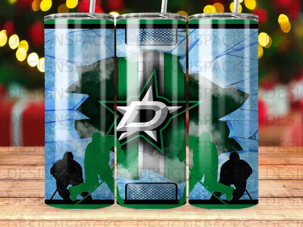 Dallas Stars hockey team logo on a cracked ice background with two hockey players.