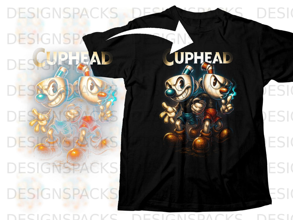 Black t-shirt with Cuphead and Mugman characters and "CUPHEAD" text.