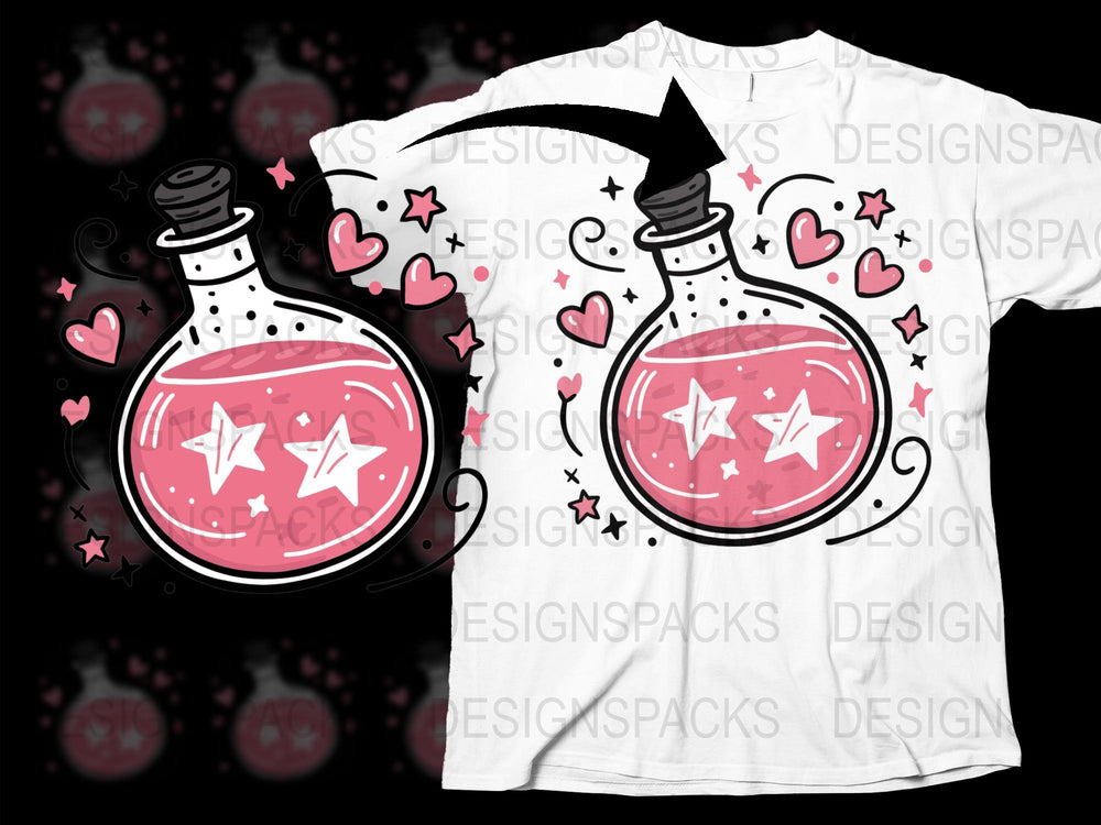 Magical Love Potion T-Shirt, Pink Hearts and Stars Graphic Tee, Fantasy Themed Apparel for All Ages