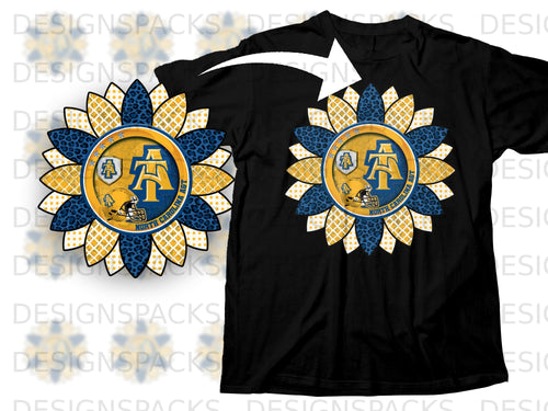 Black t-shirt with a sunflower design featuring the North Carolina A&T logo and football helmet.