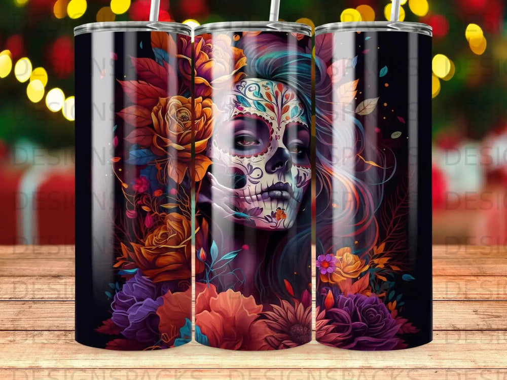 Day of the Dead skull woman with colorful flowers and leaves.