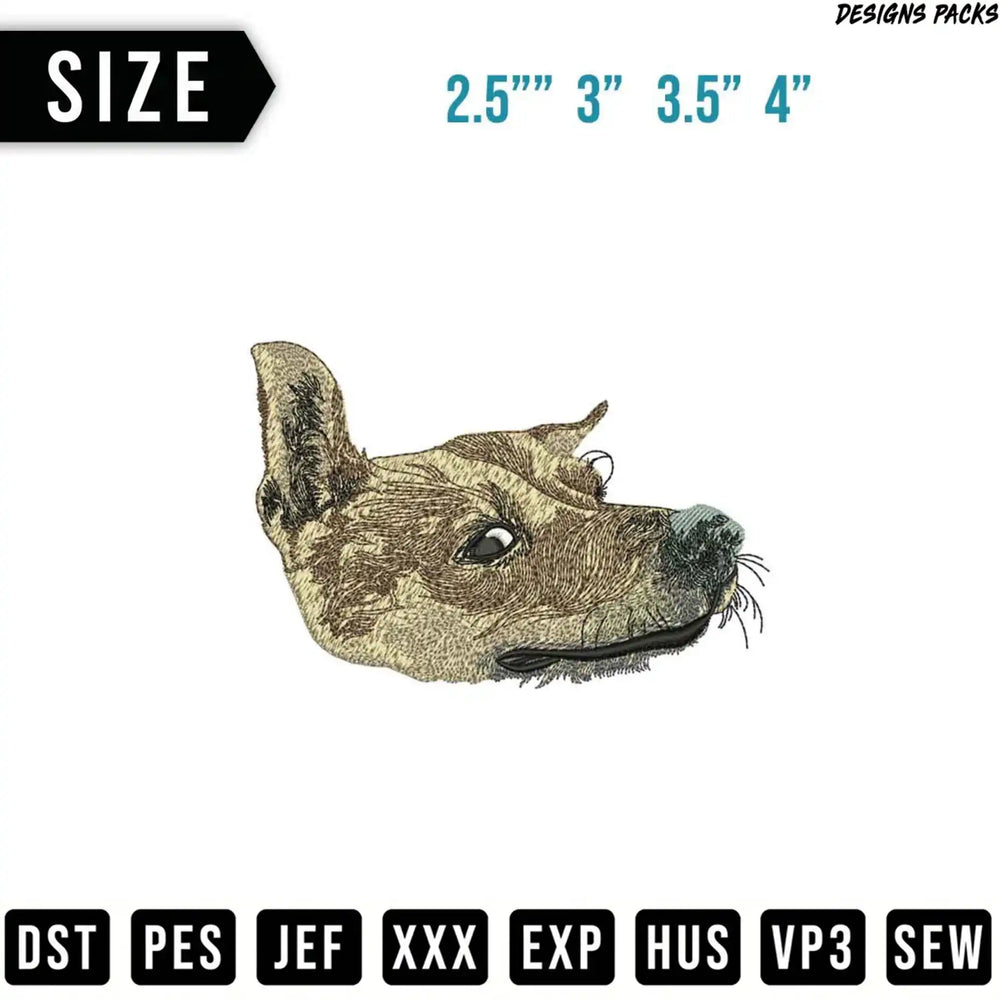 Embroidery design of a dog's head in multiple sizes and file formats.
