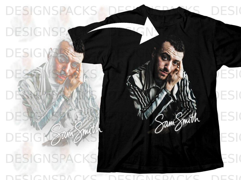 Black t-shirt featuring a portrait of Sam Smith with his signature.
