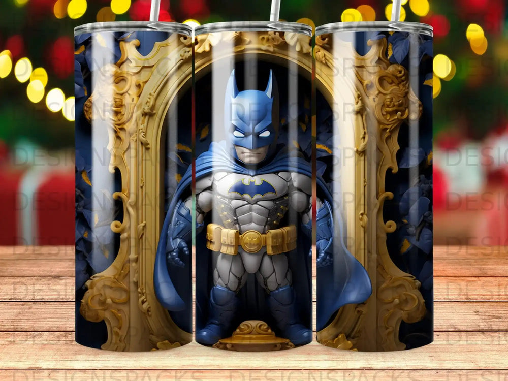 Batman in blue and gray suit standing in ornate golden frame.