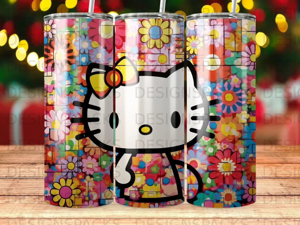 Hello Kitty character on a tumbler with a colorful floral pattern.