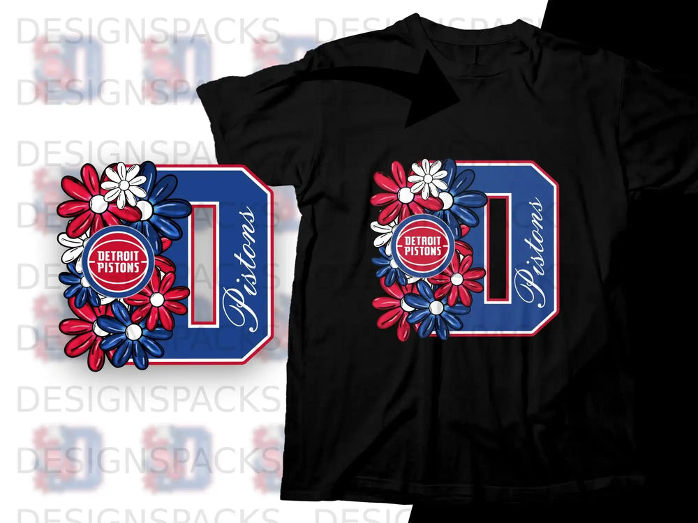 Detroit Pistons logo with red, white, and blue flowers on black t-shirt.