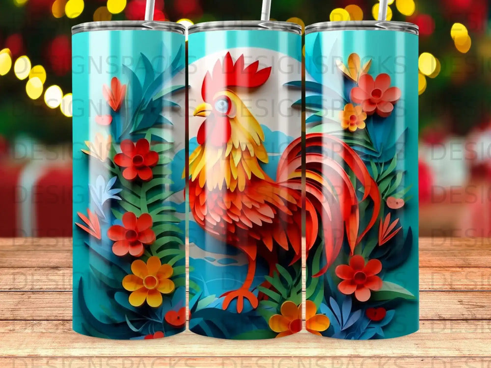 Rooster with colorful plumage amidst tropical foliage.