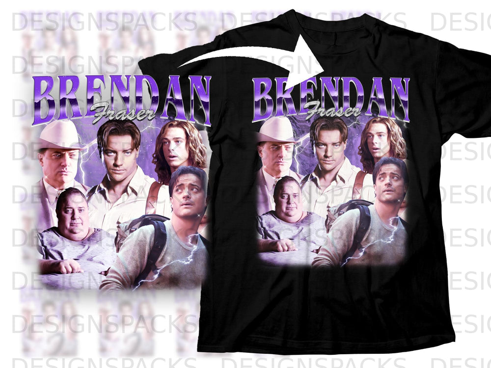 Brendan Fraser collage with lightning effects and "BRENDAN Fraser" text.
