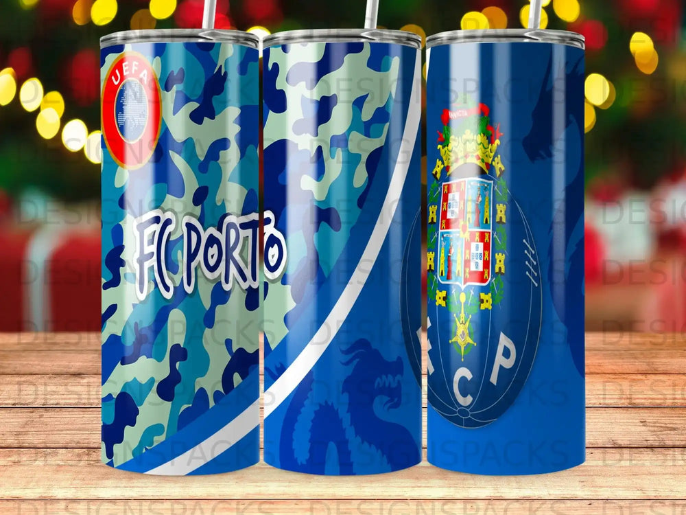 FC Porto tumblers with team crest and blue camouflage pattern.