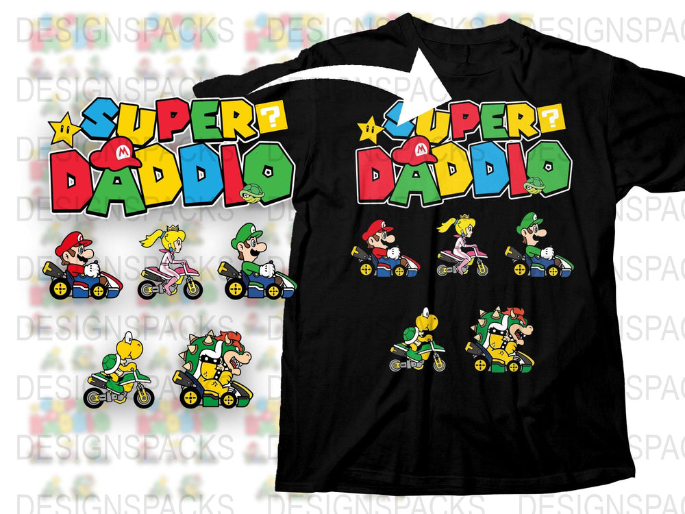 Super Daddio T-Shirt, Retro Video Game Style, Fun Dad Gift, Father's Day Tee, Colorful Cartoon Characters on Black Shirt