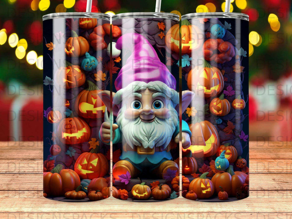 Gnome with pumpkins and Halloween motifs.