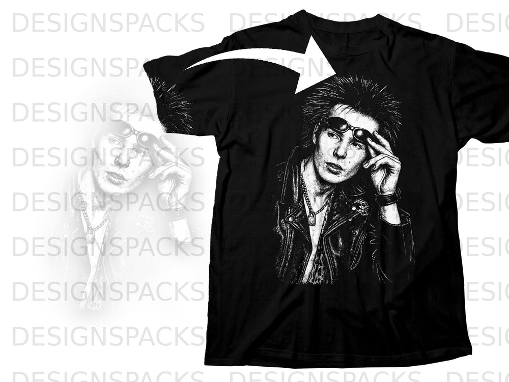 Black t-shirt with a stylized black and white portrait of a person in sunglasses.