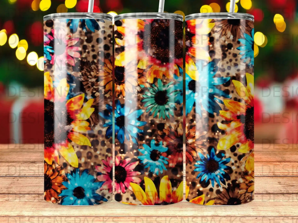 Sunflower and leopard print tumbler with blurred bokeh background.