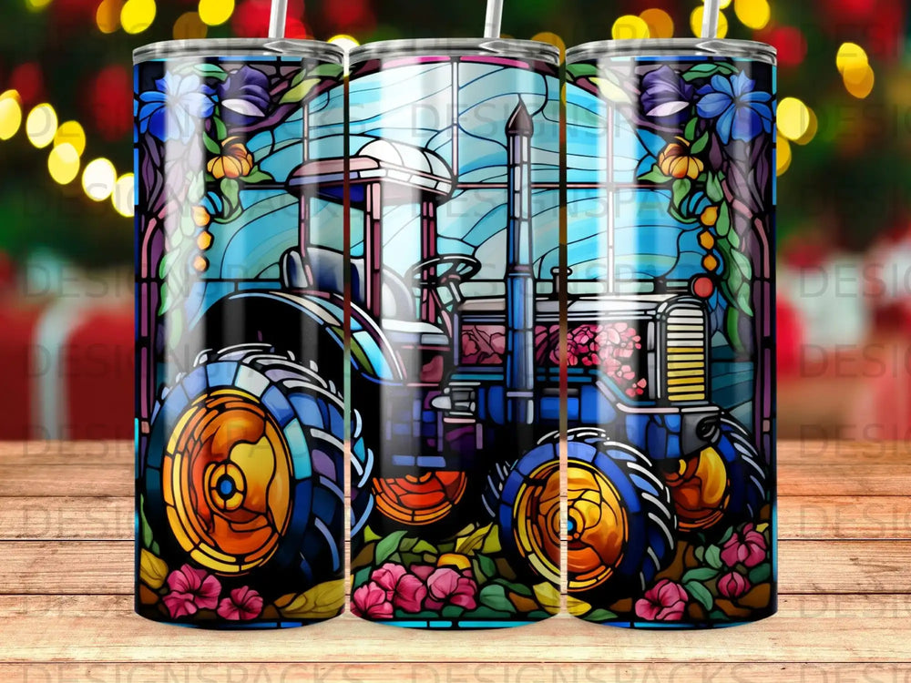 Blue stained glass tractor with floral accents, against a blurred bokeh background.