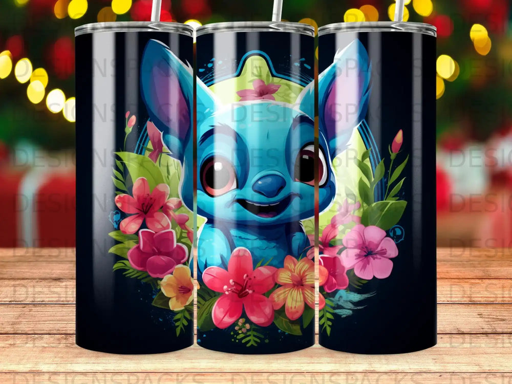 Stitch character from Lilo & Stitch surrounded by colorful flowers.