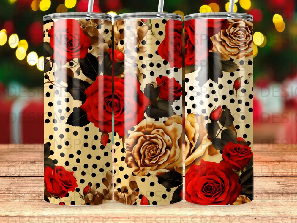 Gold and black polka dots with red and tan roses pattern on a tumbler.