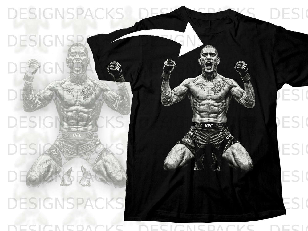 Black t-shirt featuring a UFC fighter in black and white with a white arrow.