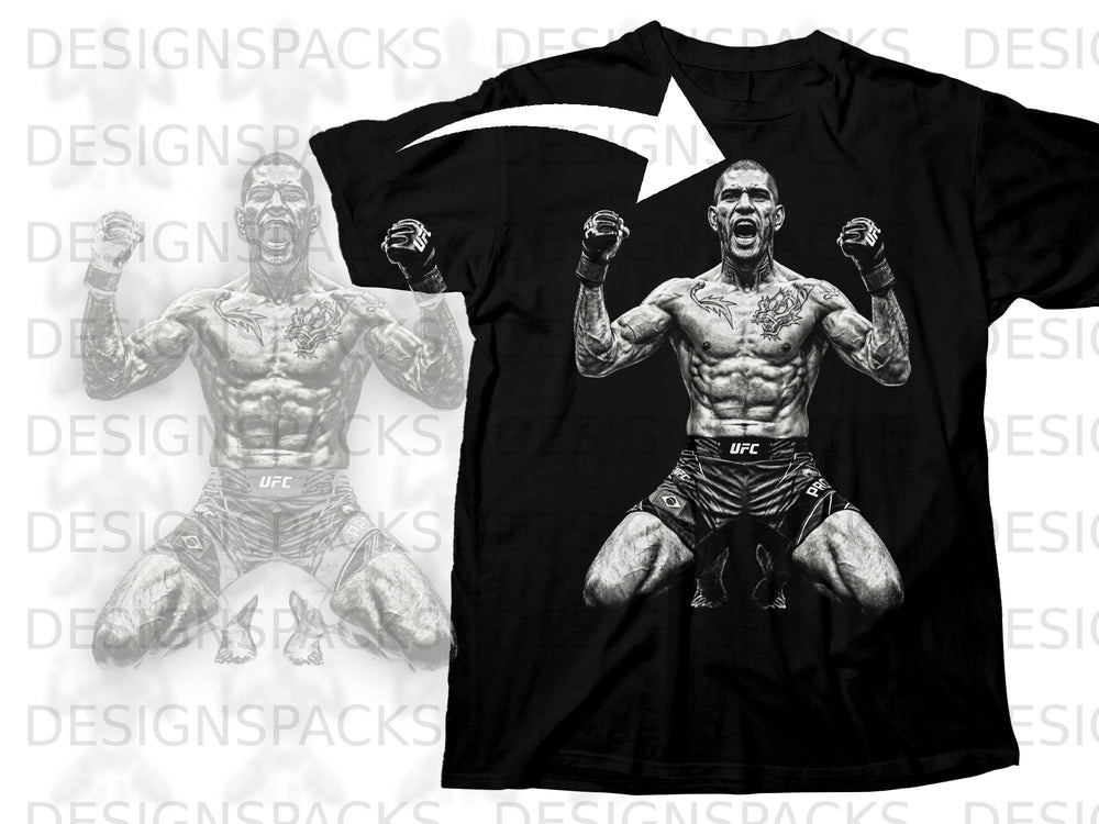 Black t-shirt featuring a UFC fighter in black and white with a white arrow.