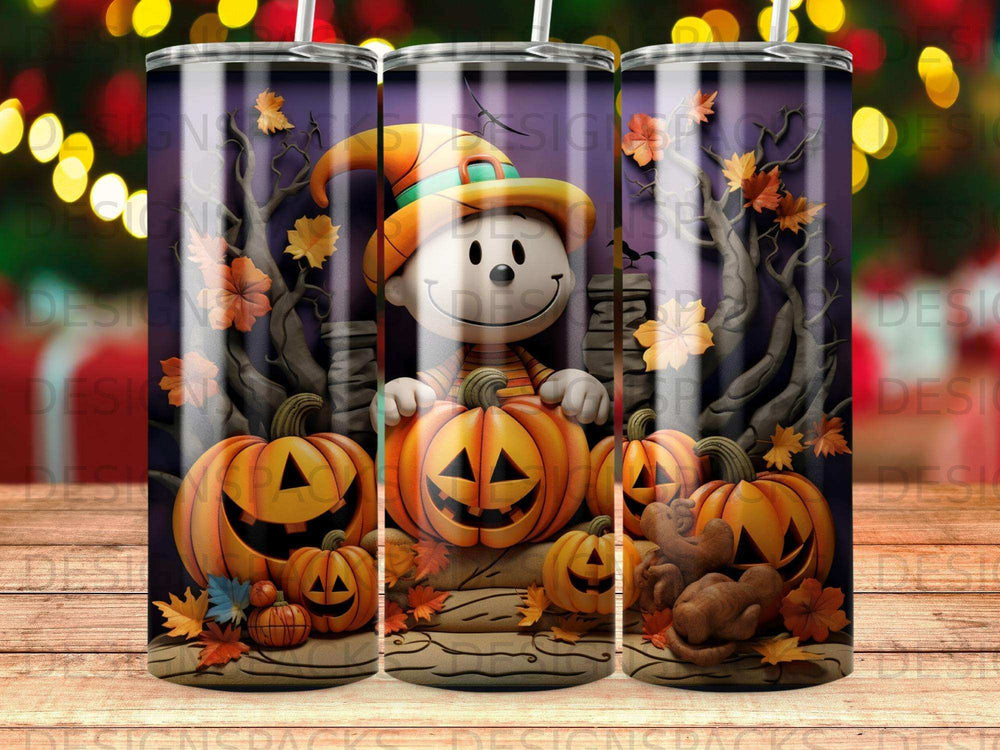 Halloween tumbler with pumpkins, a character in a hat, and autumn leaves.